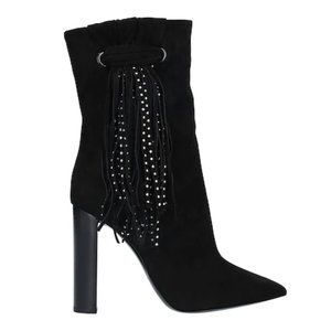Saint Laurent Tanger 105 Fringe Black Heeled Ankle Booties NIB NWT